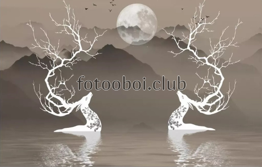 озеро, река, олени, луна, горы, абстракция